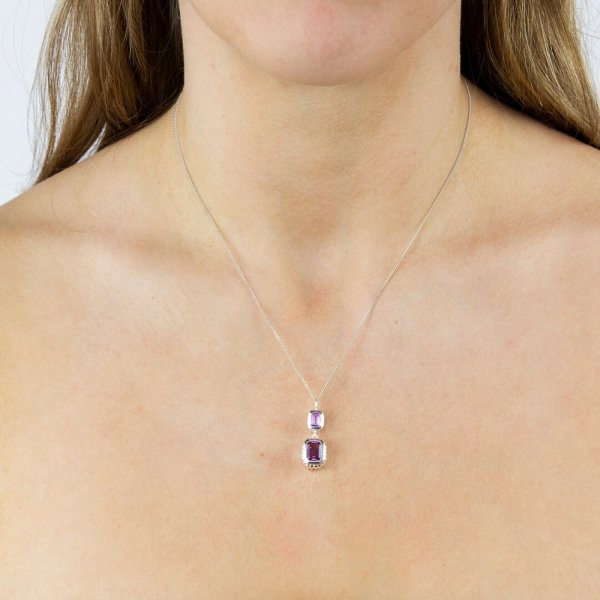 Curve Surround Emerald Cut Brazilian Amethyst Double Drop Pendant